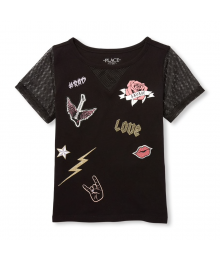 Childrens Place Black Mesh Sleeve Glitter Patch Graphic Top 